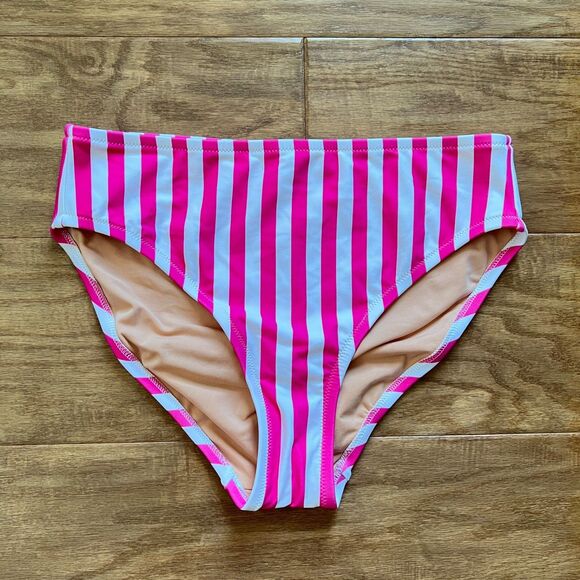 NWT J.Crew Factory Striped Mid-Rise Bikini Bottom Women's Size S Pink/White - Picture 1 of 7